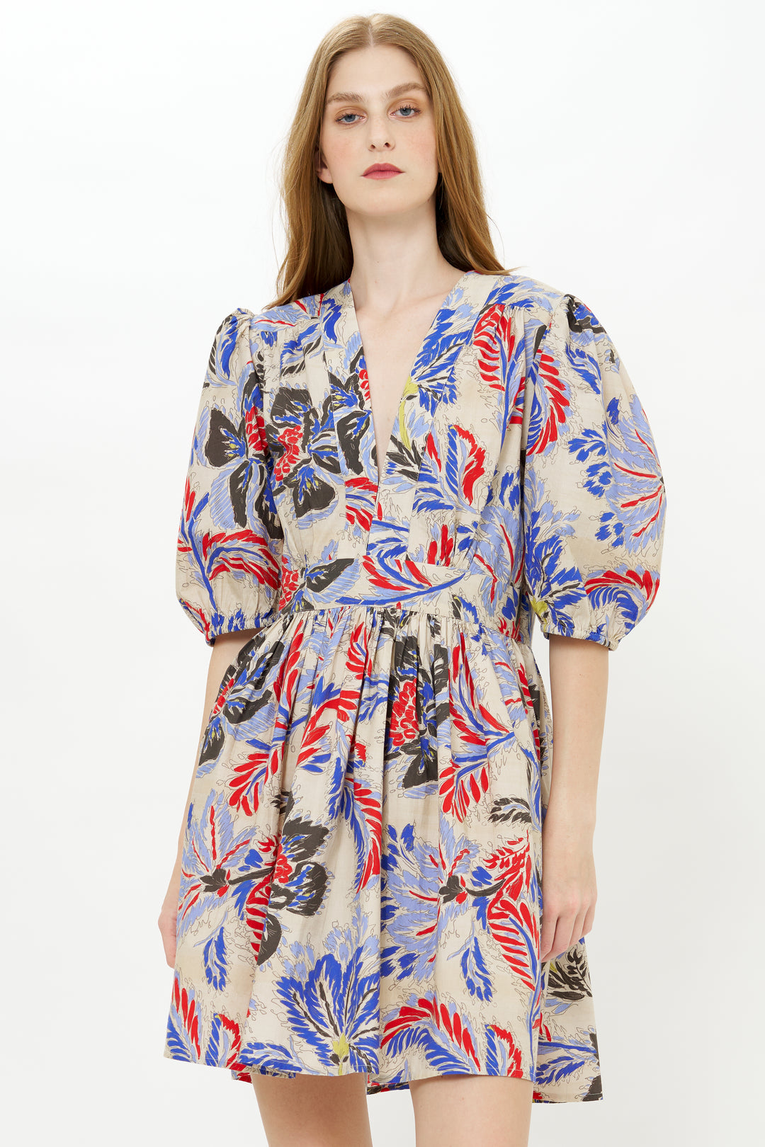 V-Neck Puff Mini Dress - Chennai Cobalt