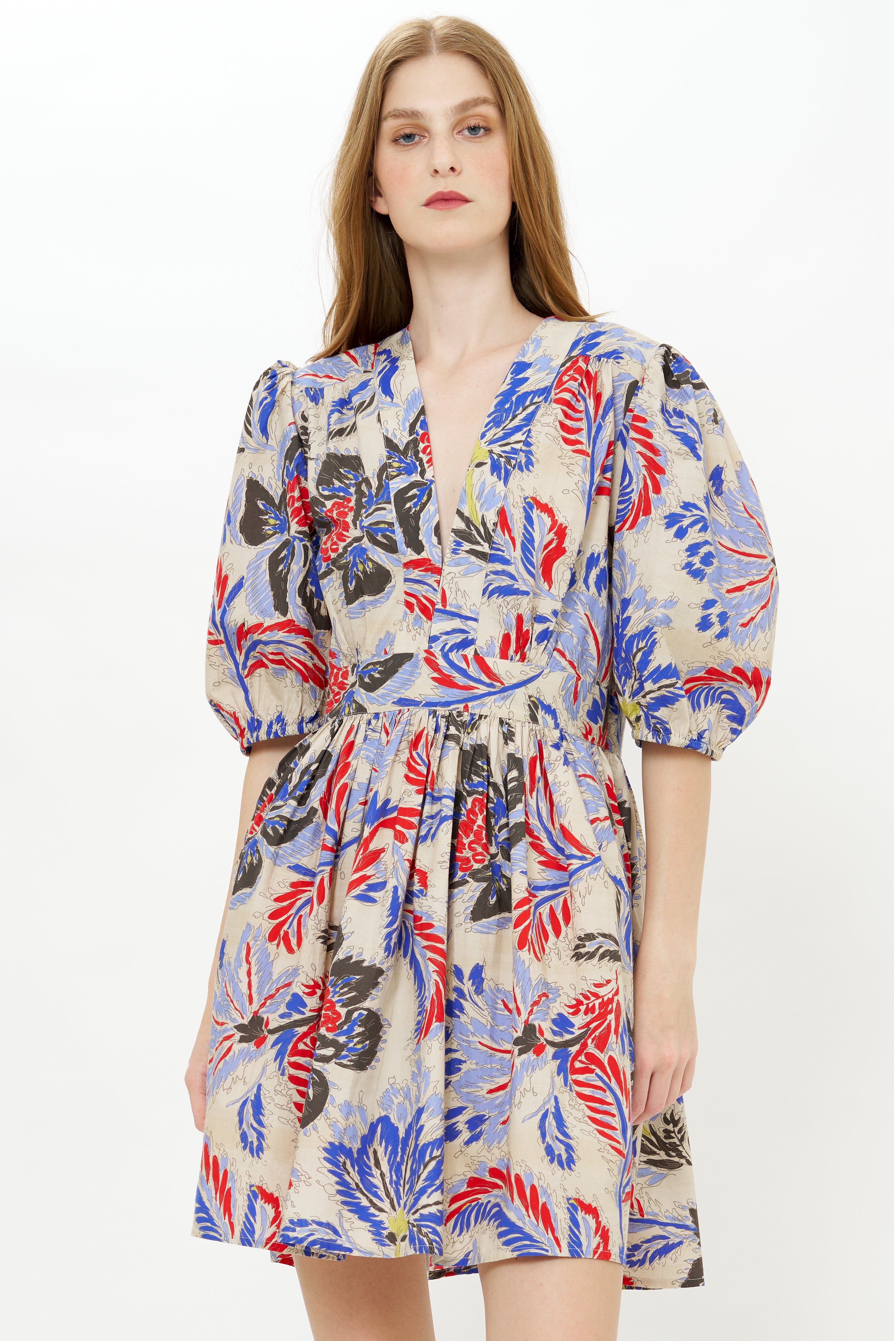 V-Neck Puff Mini Dress - Chennai Cobalt