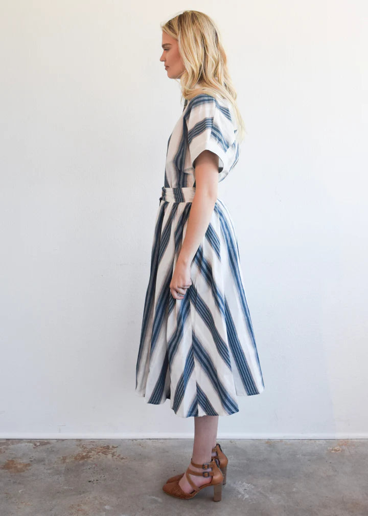 Button Down Midi Skirt in Blue Stripe