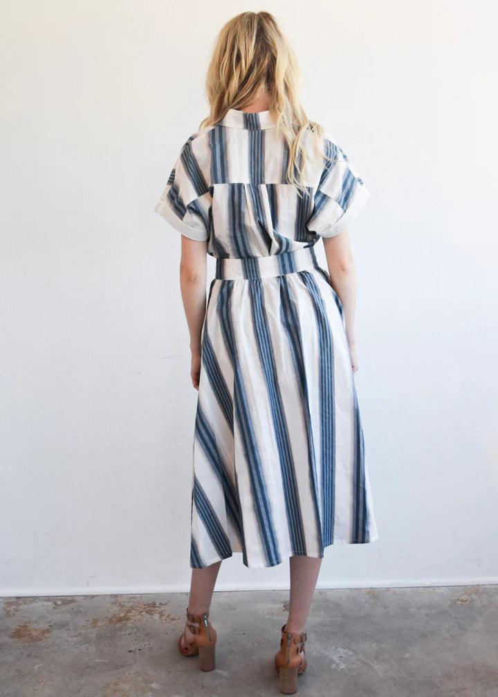 Button Down Midi Skirt in Blue Stripe