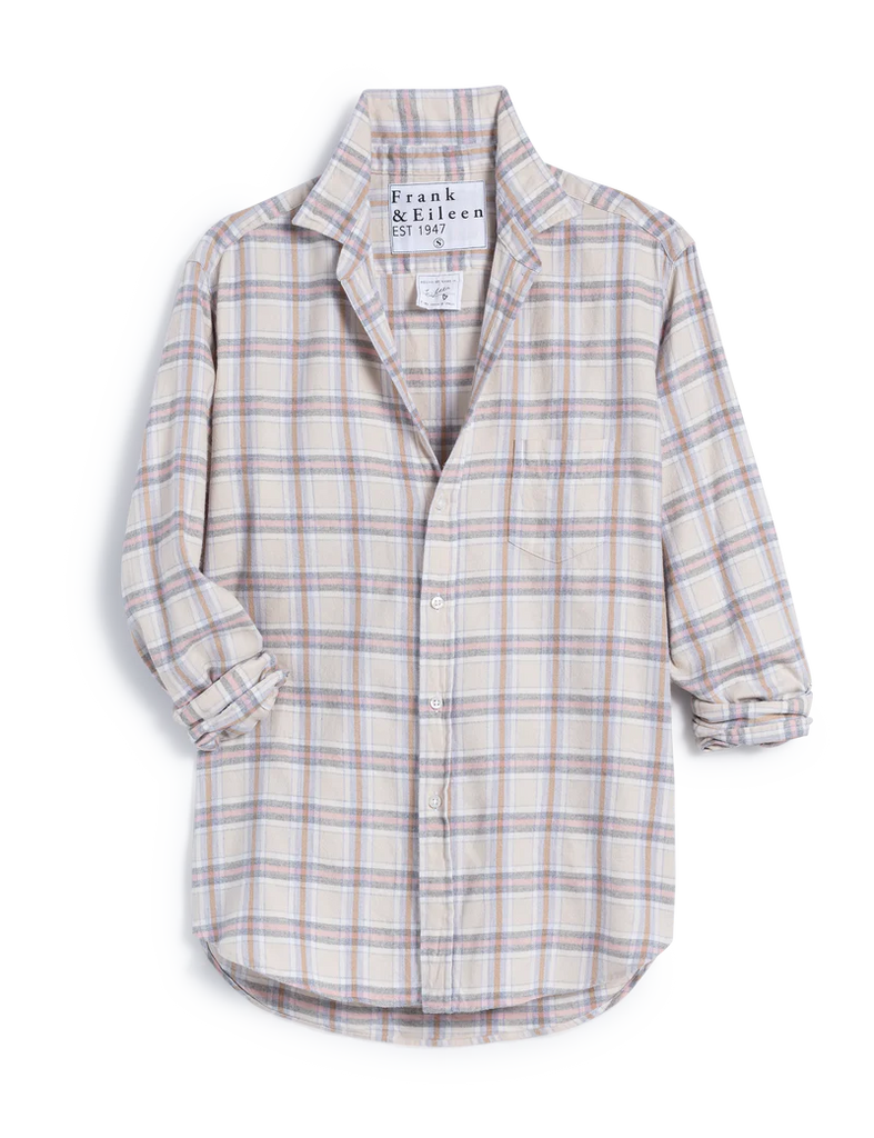 EILEEN Relaxed Button-Up Shirt  In Cream And Pink Plaid Italian Cashmere