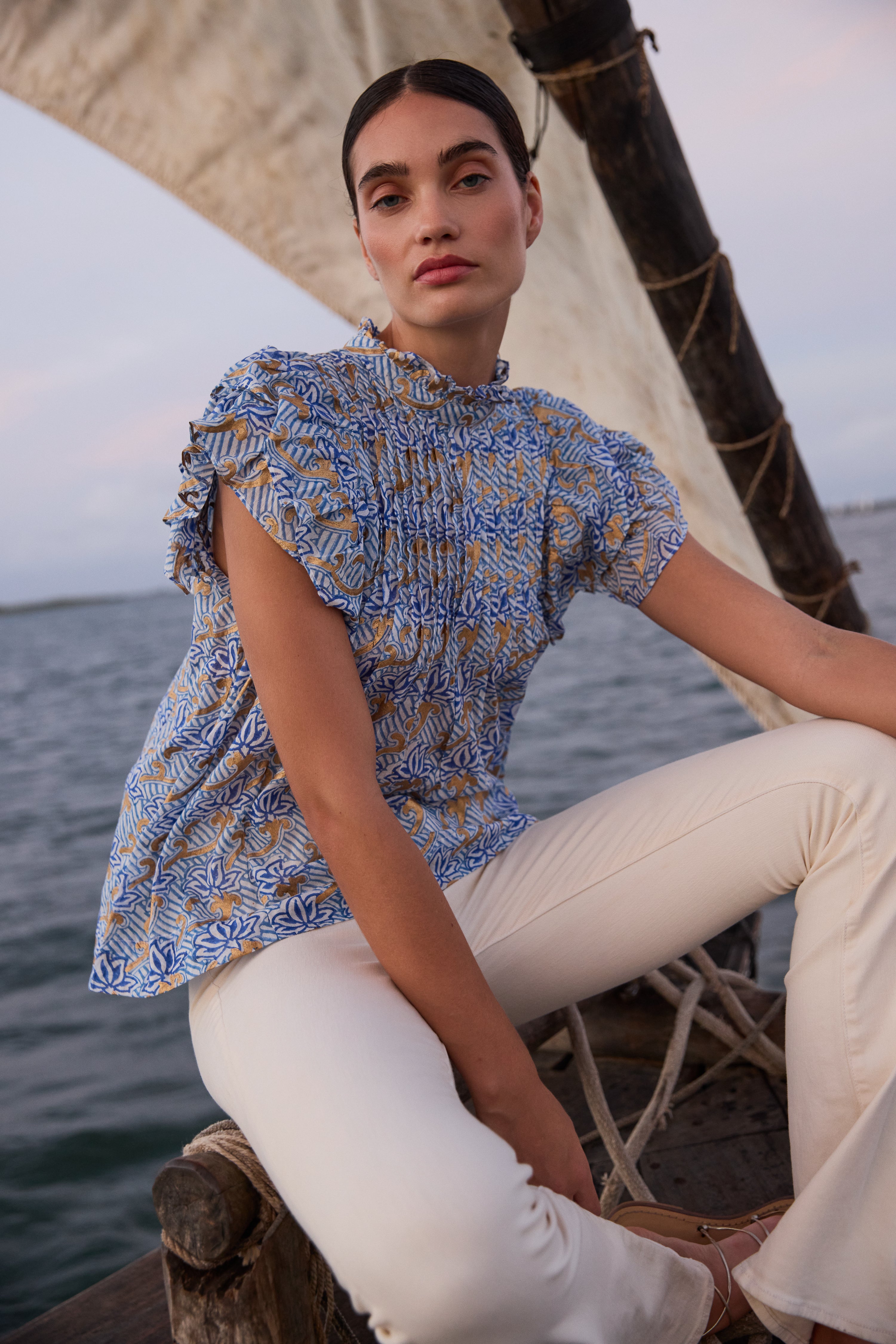 Pintuck Ruffle Top - Florence Blue