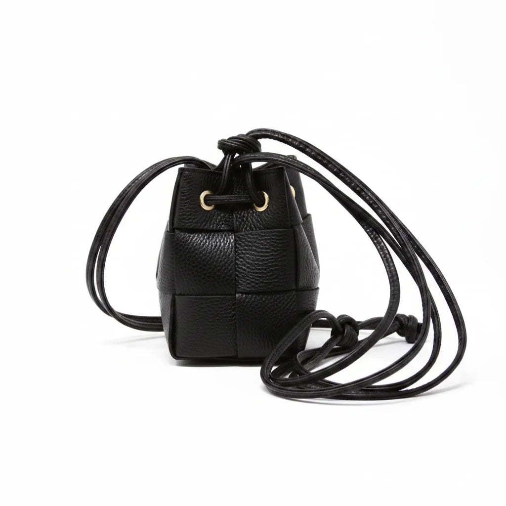 Italian Leather Mini Bucket Bag - Black