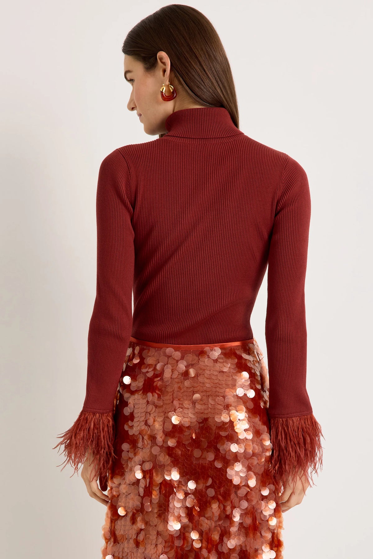 Tucker Top - Rust Red Feathered Cuff Turtleneck