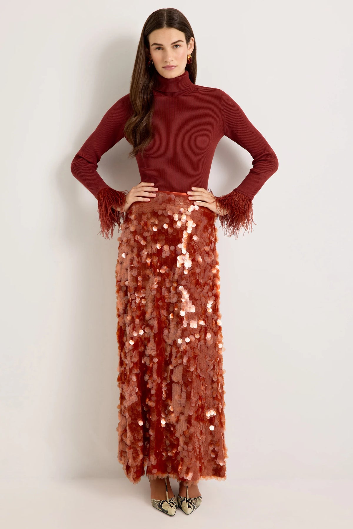 Tucker Top - Rust Red Feathered Cuff Turtleneck