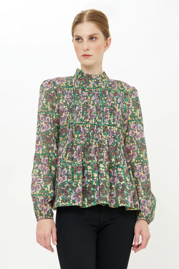 Long Sleeve Pintuck Blouse- Matera Green