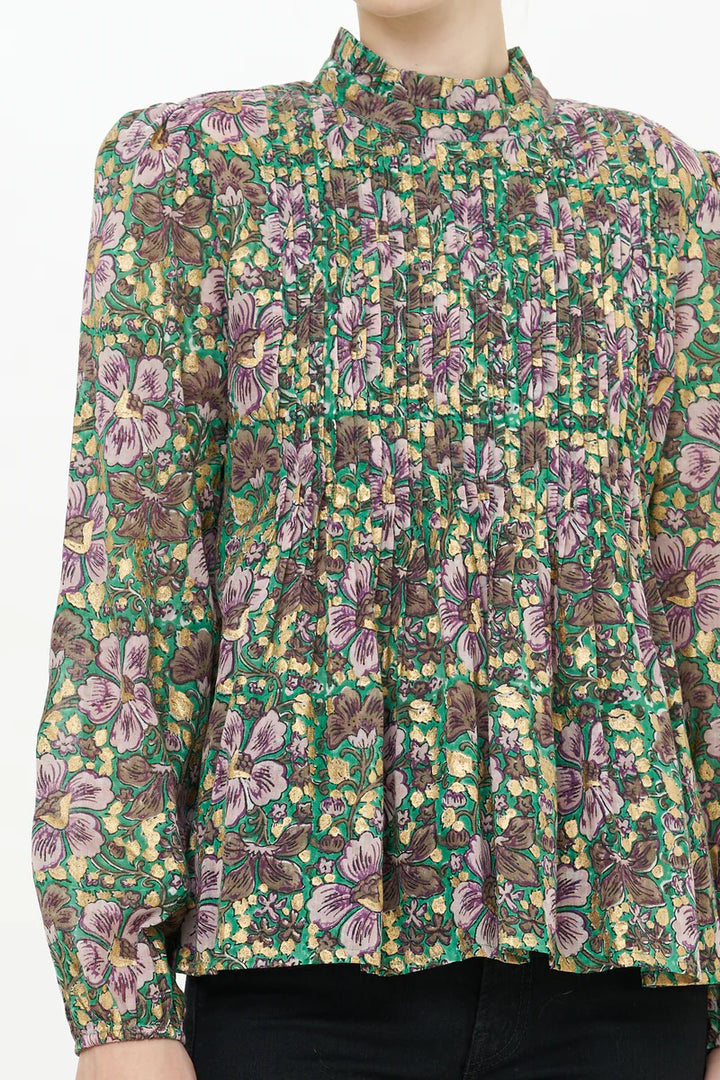 Long Sleeve Pintuck Blouse- Matera Green