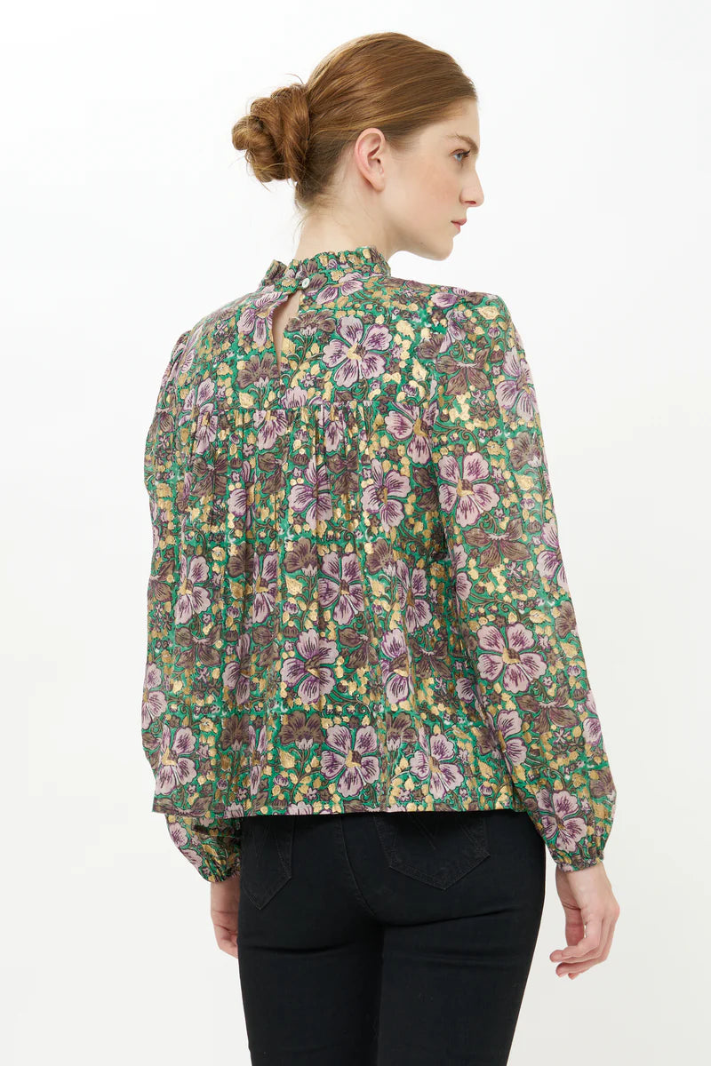 Long Sleeve Pintuck Blouse- Matera Green