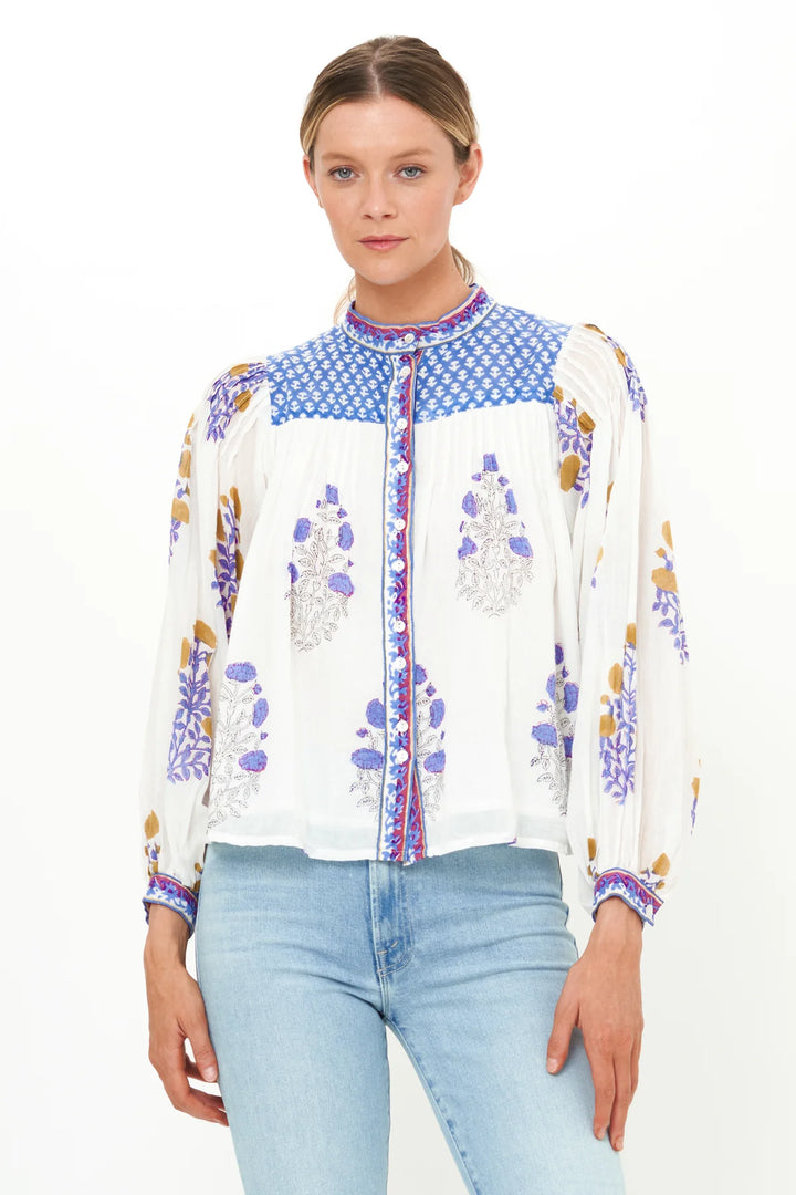 Mandarin Pintuck Blouse - Sierra Blue