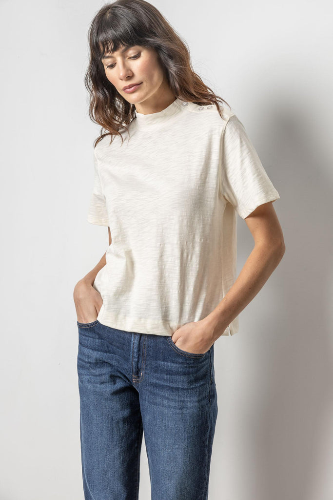 Button Shoulder Mock Neck - Talc