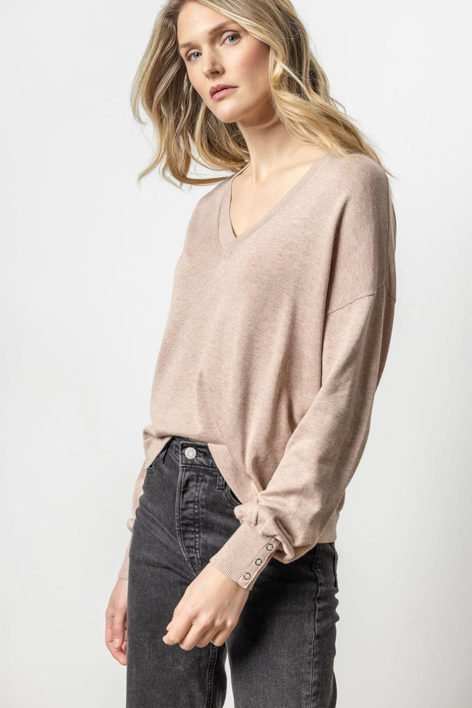 Snap Cuff V-Neck Sweater