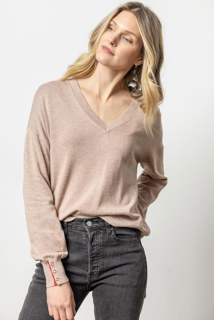 Snap Cuff V-Neck Sweater