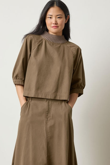 Knit Collar Twill Top  - Parsley