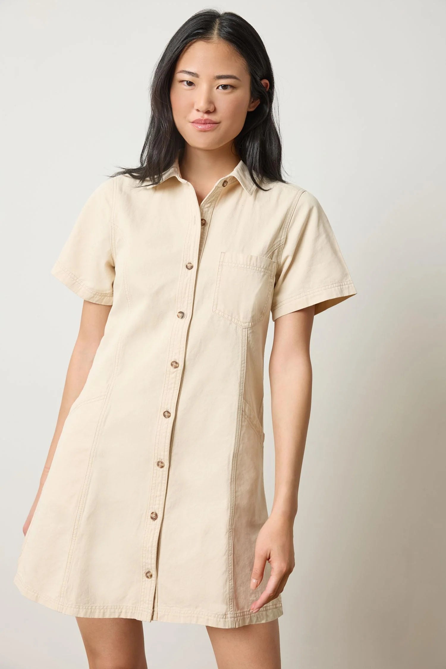 Twill Paneled Shirt Dress - Eggshell