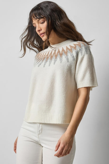 Short Sleeve Easy Fairisle Sweater- Winter White