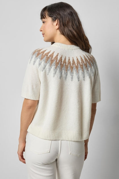 Short Sleeve Easy Fairisle Sweater- Winter White