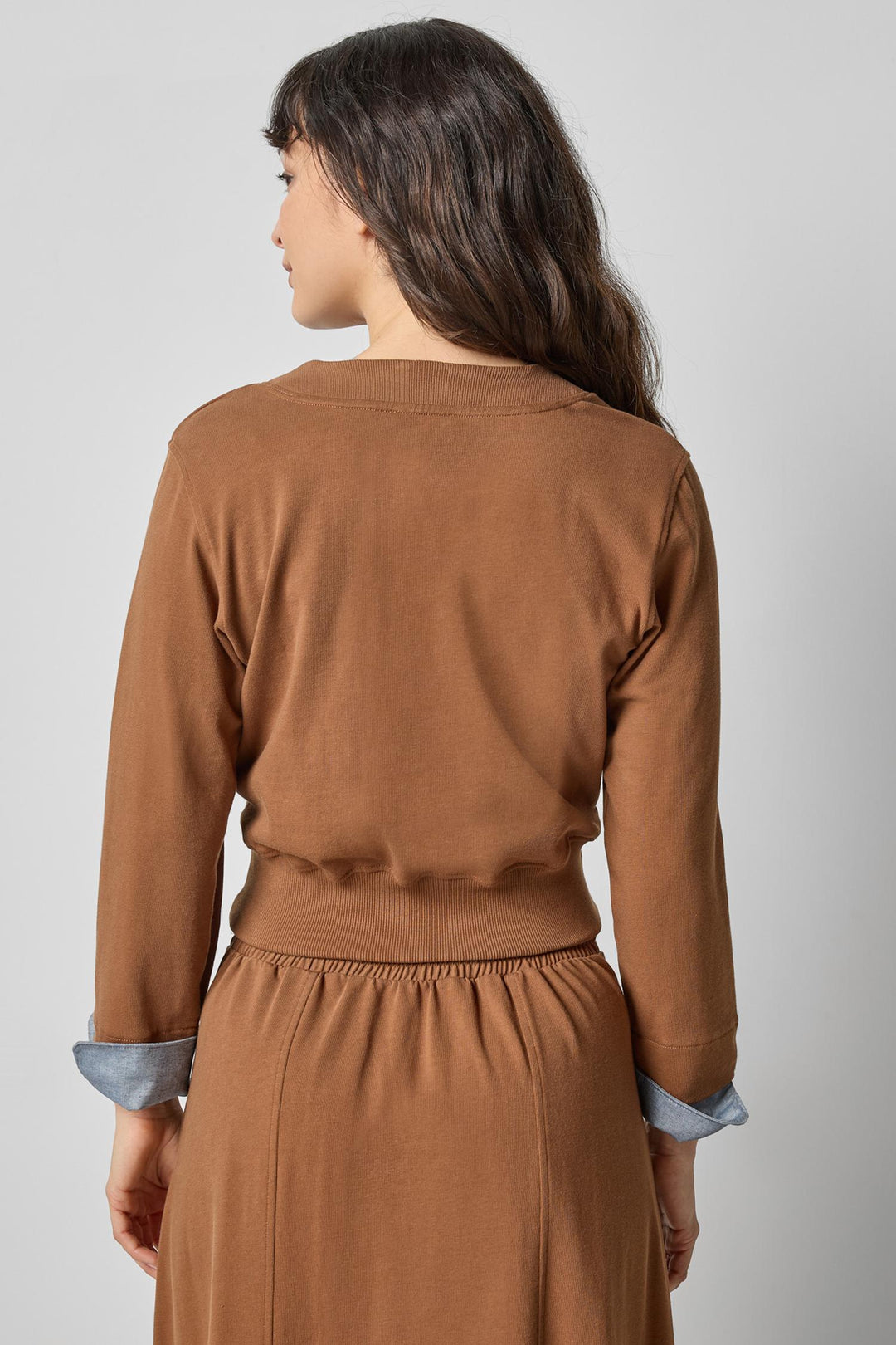 Chambray Cuff Cardigan in Toffee