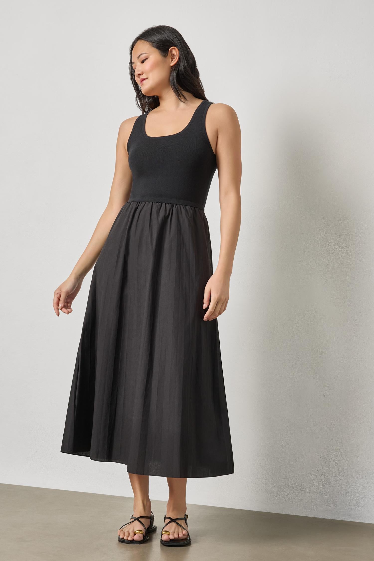 Mixed Media Scoop Neck Dress- Black