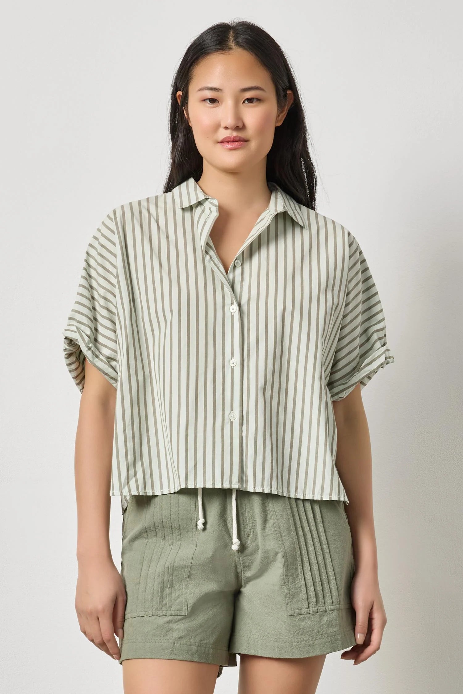 Striped Oversized Button Down Dolman - Pool Stripe