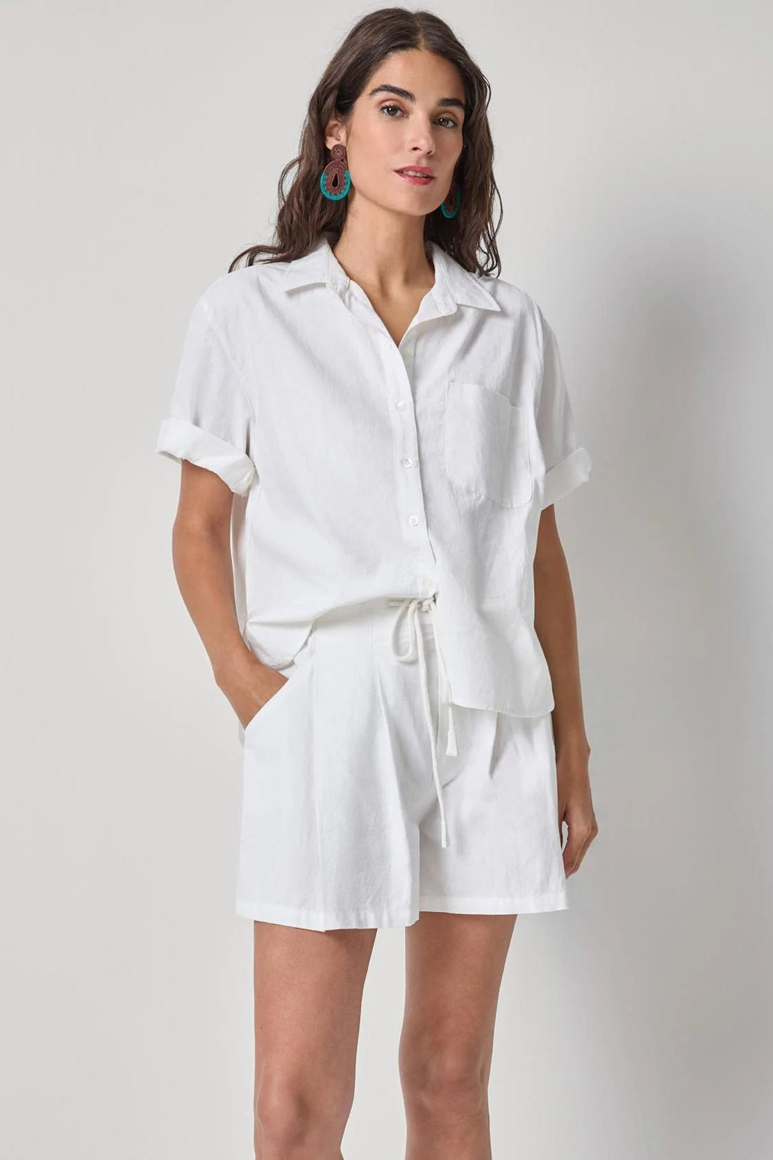 Linen Blend Boyfriend Button Down - White