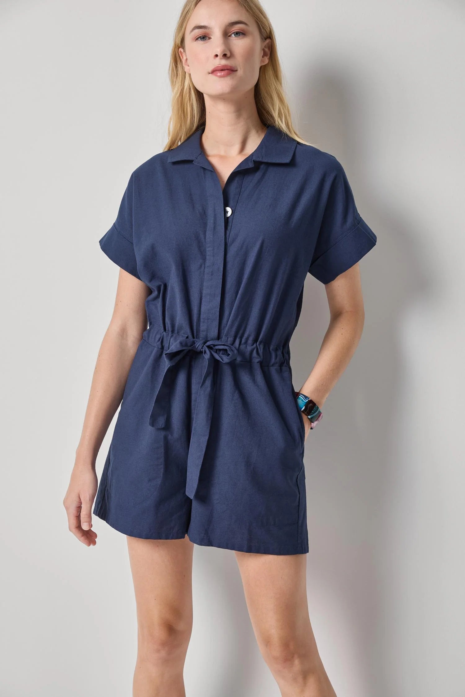 Linen Blend Romper - Navy