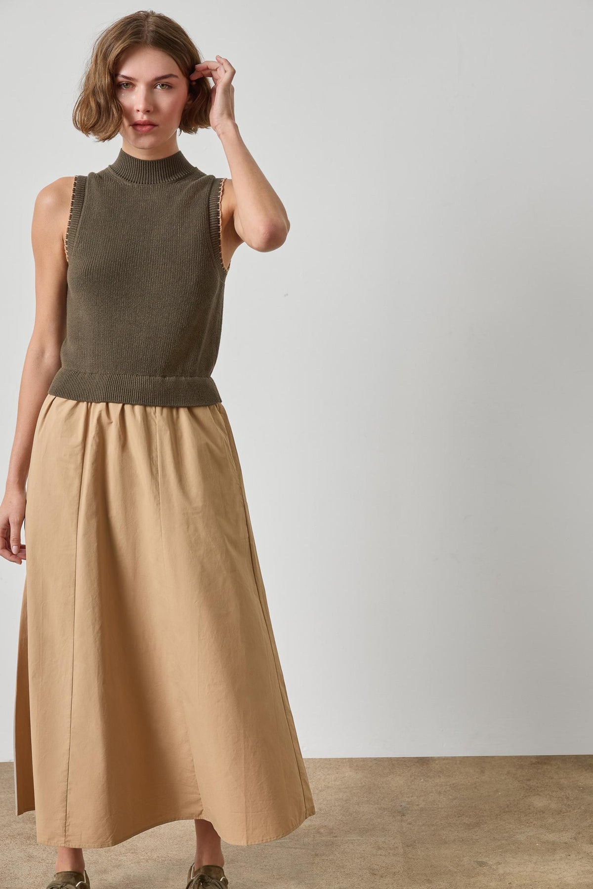 Mixed Media Mock Neck Dress - Olive