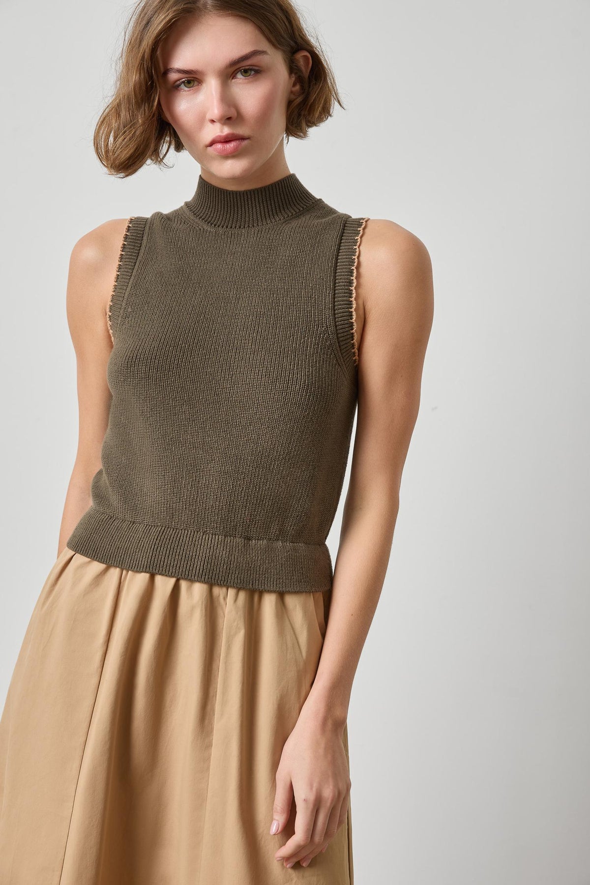 Mixed Media Mock Neck Dress - Olive