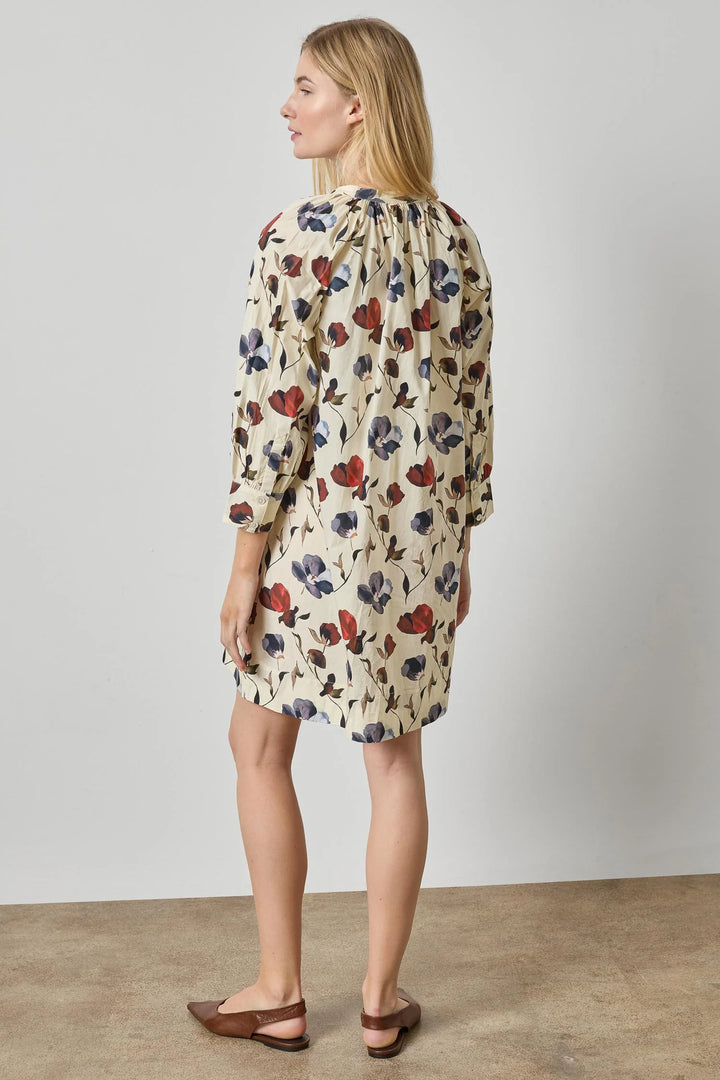 Shirred Neck Placket Dress - Blue Poppy