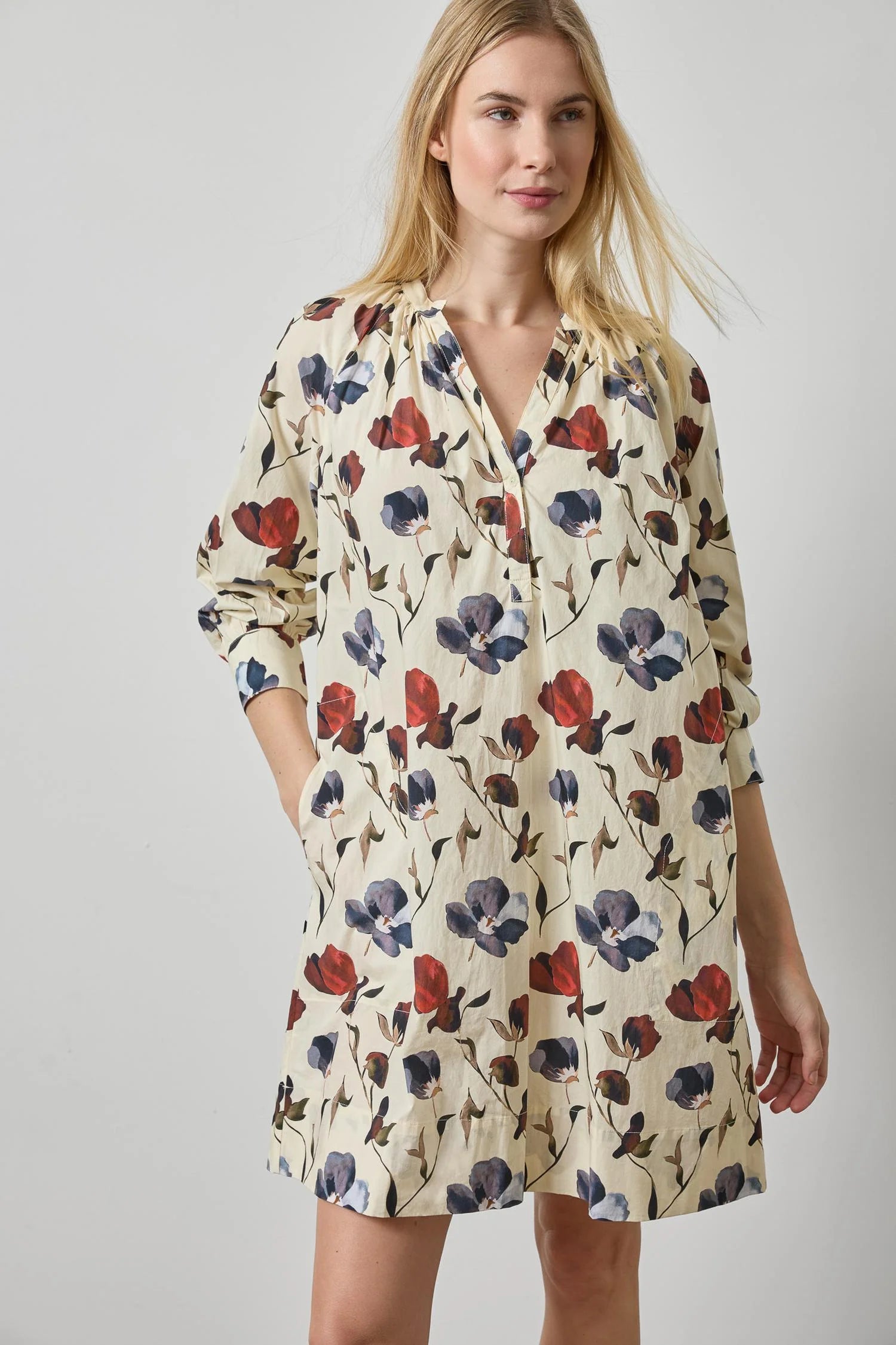 Shirred Neck Placket Dress - Blue Poppy