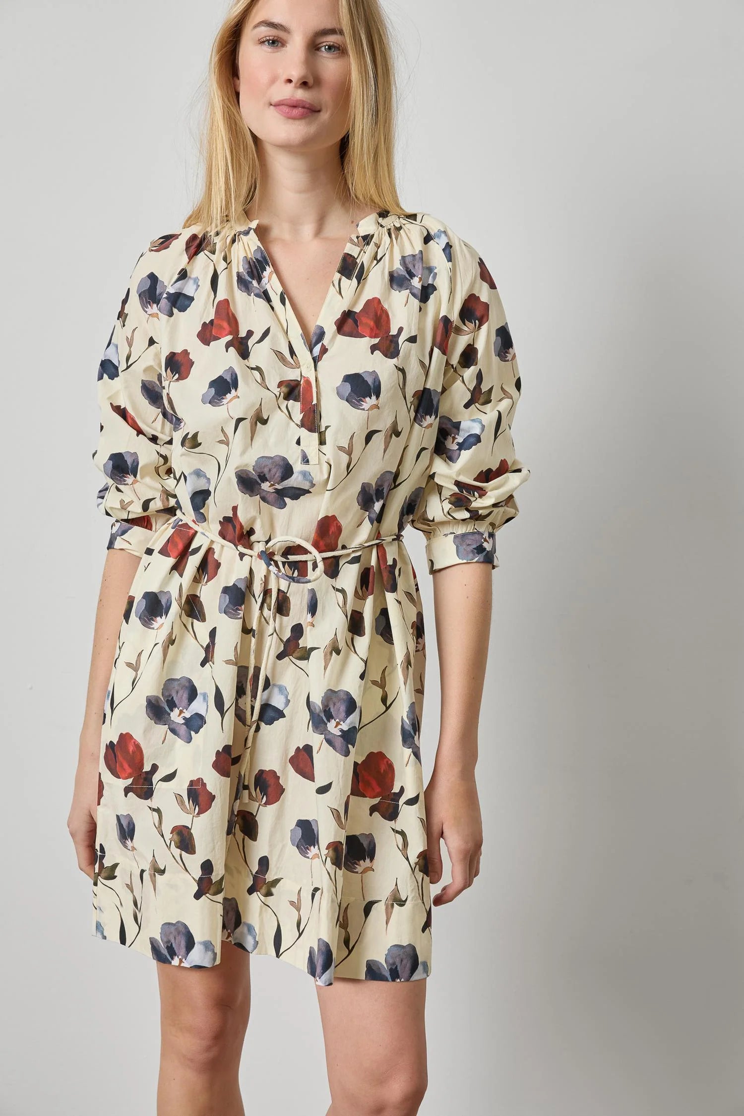 Shirred Neck Placket Dress - Blue Poppy