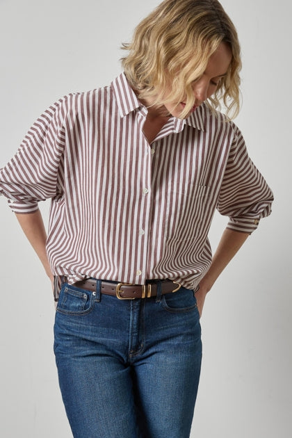 Dolman Sleeve Button Down Shirt - Chestnut Stripe