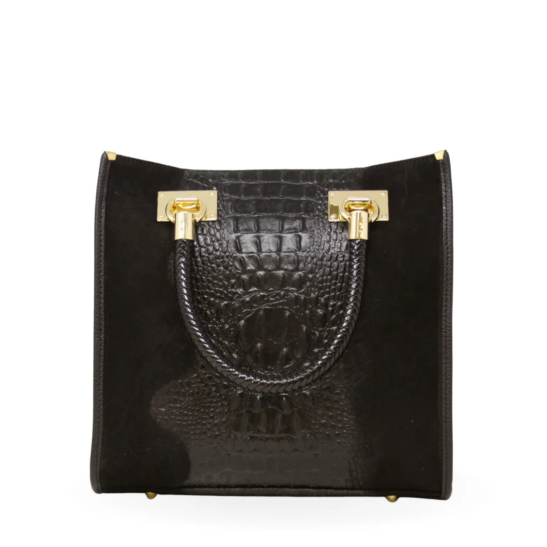 Genuine Italian Leather Portfolio Bag - Black Croc