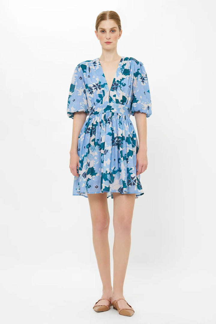 V-Neck Puff Mini Dress - Suzani Blue