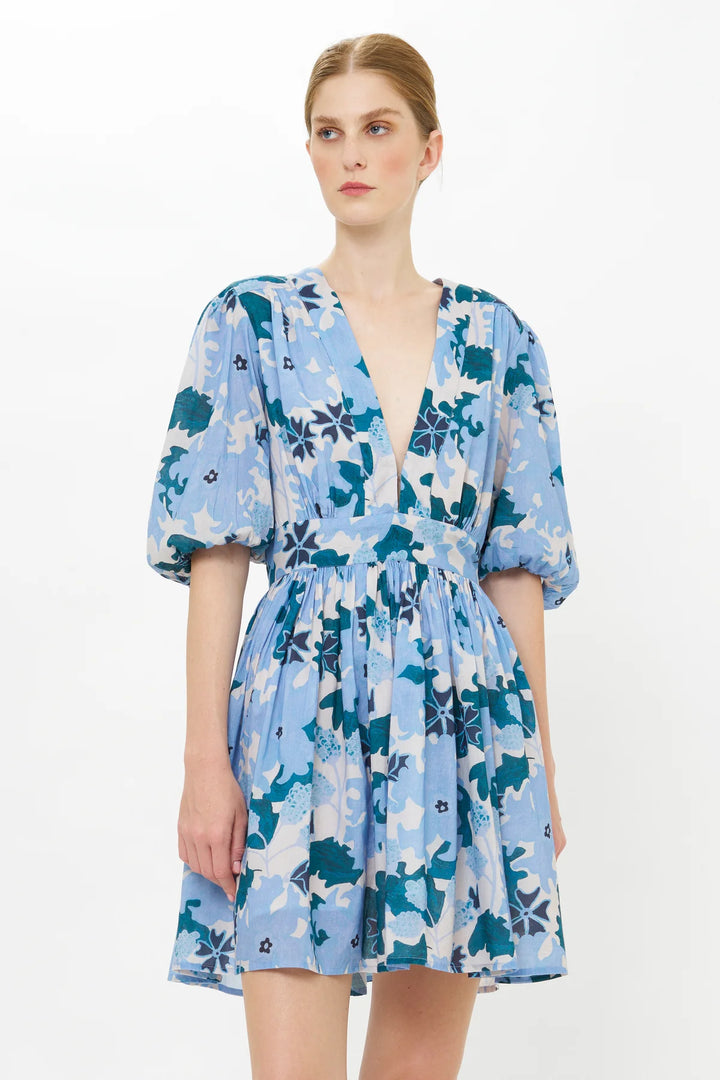 V-Neck Puff Mini Dress - Suzani Blue