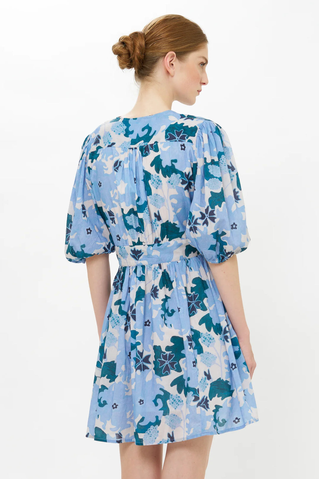 V-Neck Puff Mini Dress - Suzani Blue