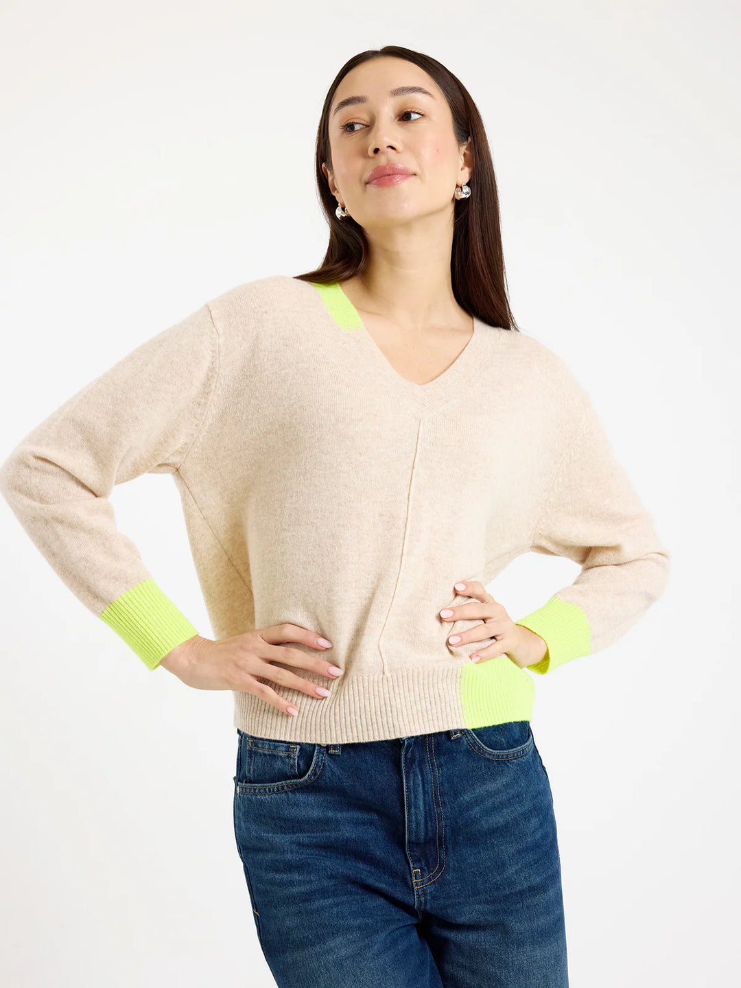 Color Pop Maria Cashmere V Neck Jumper - Cygnet