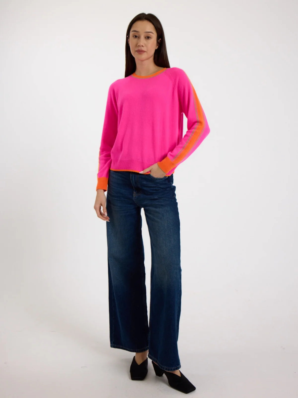 Striped Sleeve Cashmere Jumper-Diva Pink
