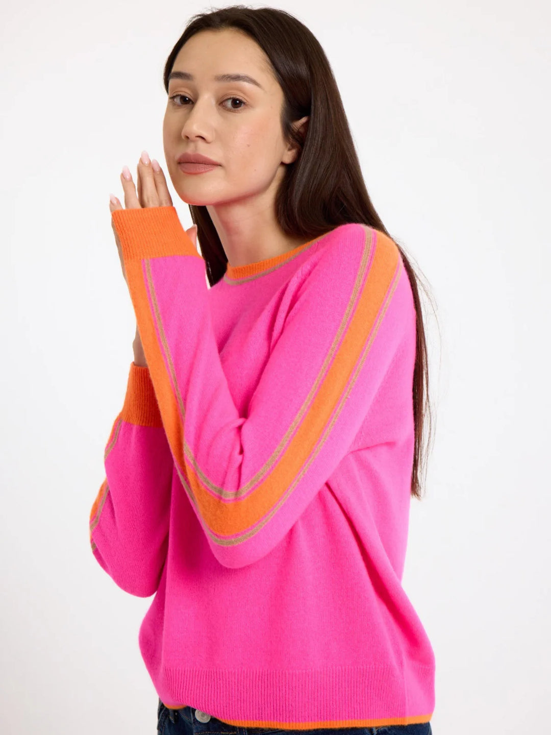 Striped Sleeve Cashmere Jumper-Diva Pink