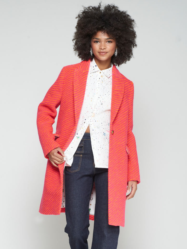 PINK AND ORANGE DIAGONAL STRIPED WOOL COAT