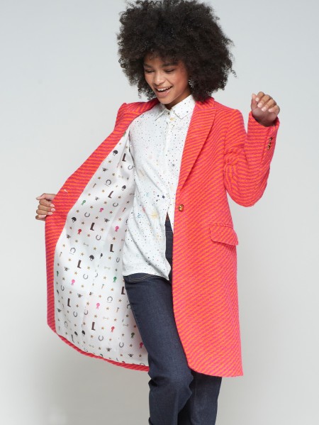 PINK AND ORANGE DIAGONAL STRIPED WOOL COAT