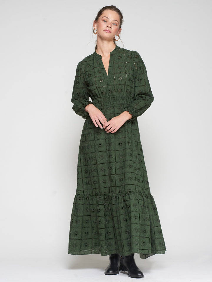 GREEN DRESS WITH FLORAL EMBROIDERY