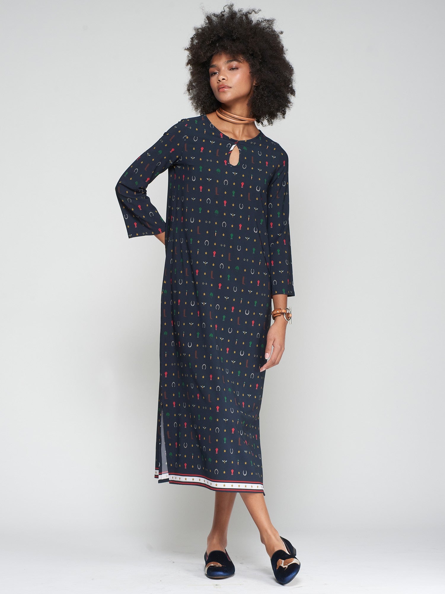 NAVY DRESS-EQUESTRIAN PRINT