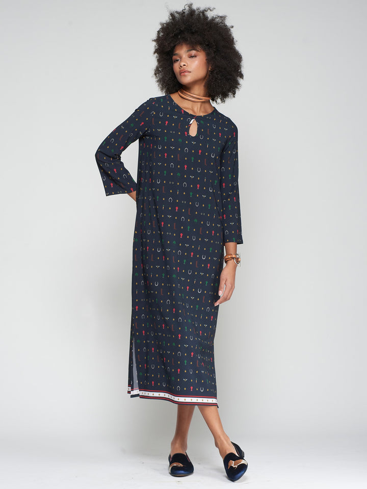 NAVY DRESS-EQUESTRIAN PRINT