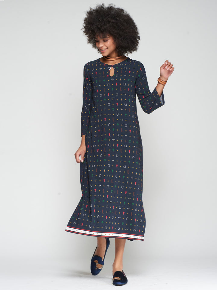 NAVY DRESS-EQUESTRIAN PRINT