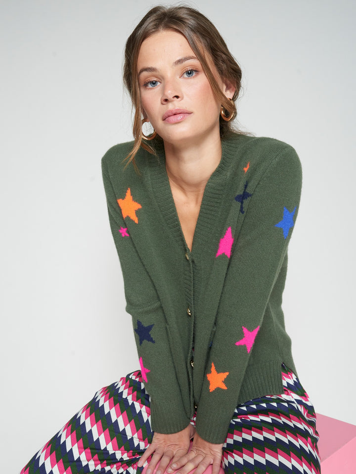 GREEN CARDIGAN WITH MULTICOLOR STARS