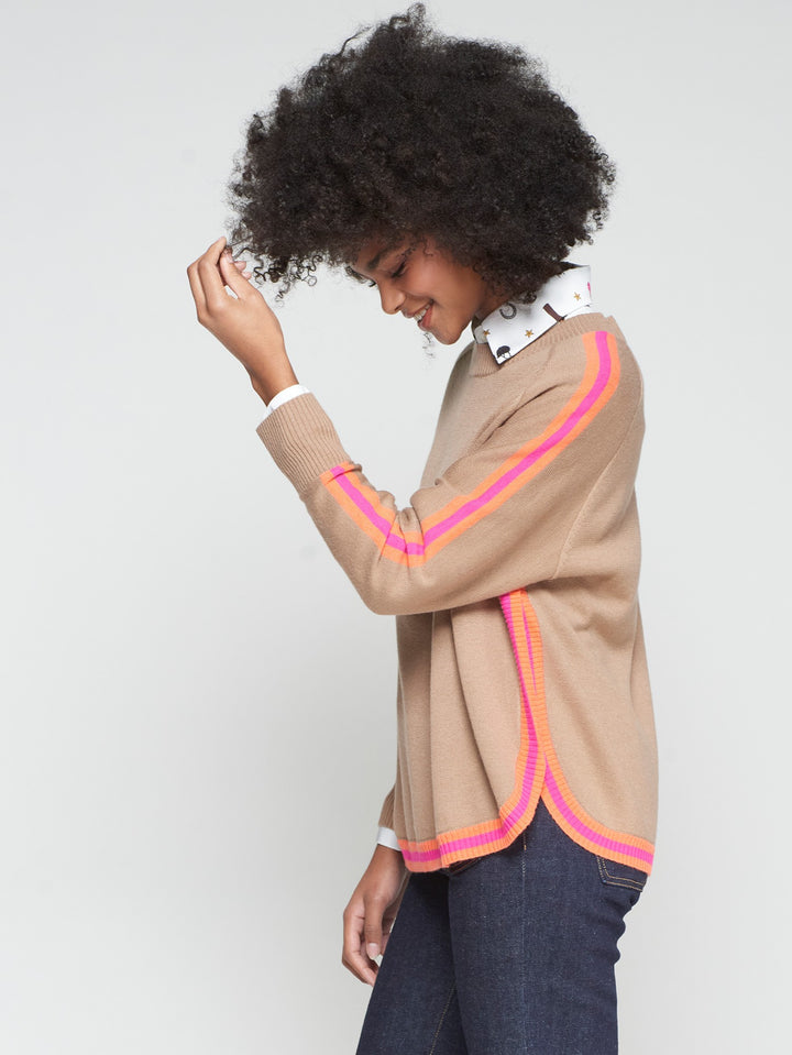 BEIGE SWEATER WITH ORANGE/PINK TRIM
