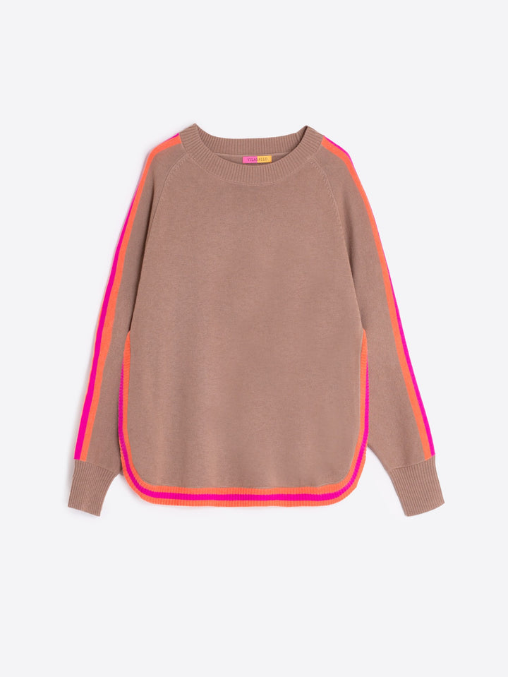 BEIGE SWEATER WITH ORANGE/PINK TRIM