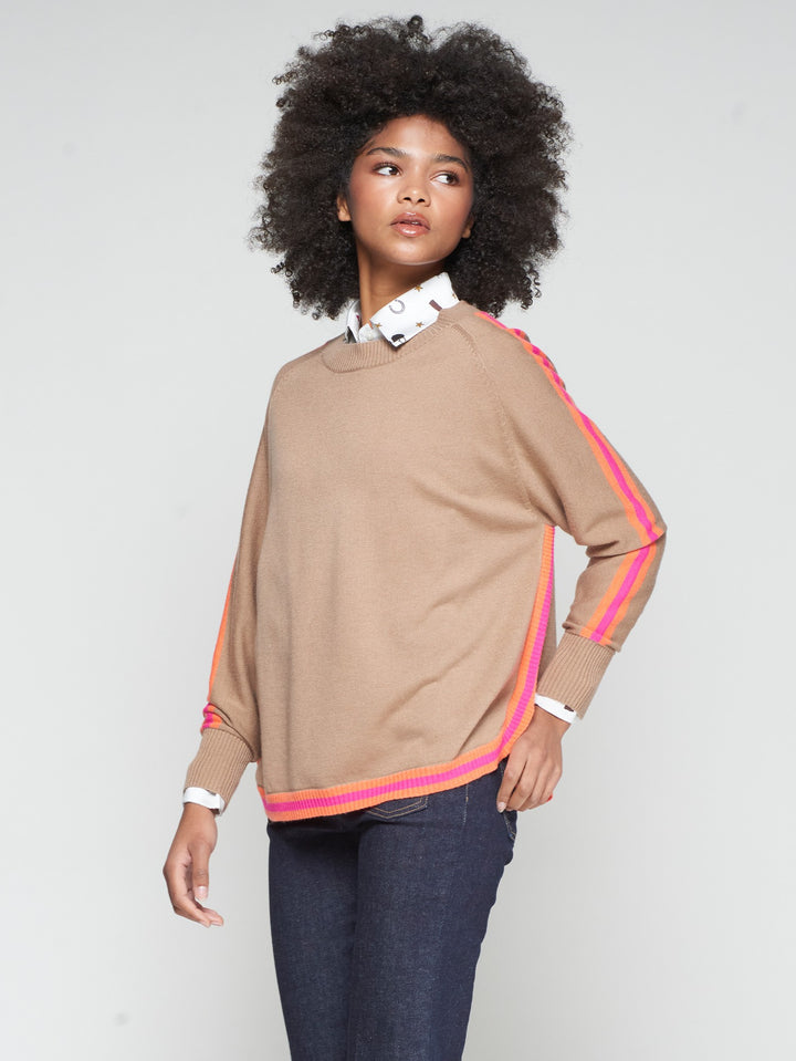 BEIGE SWEATER WITH ORANGE/PINK TRIM