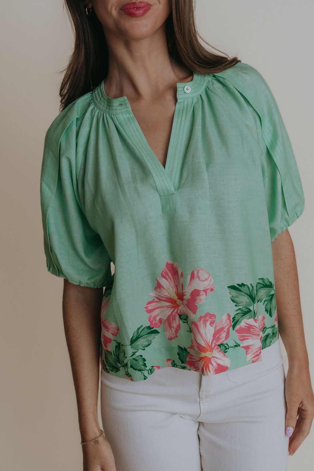 Henley Top - Pink Hibiscus