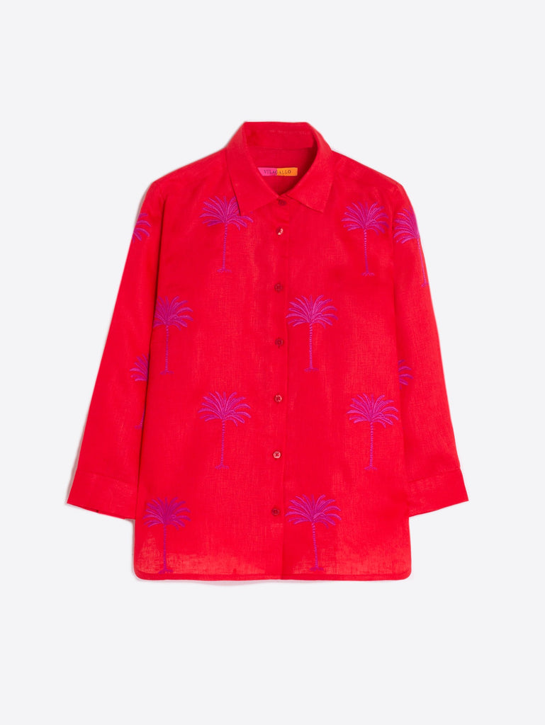 Sara Blouse in Embroidered Coral Linen